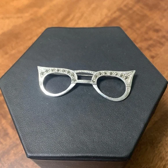 Cat-Eye Glasses Brooch-Sterling Silver - Picture 2 of 3